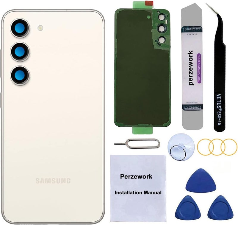 Perzework Rear Back Glass Replacement for Samsung Galaxy S23 Plus with Reparing Toolkit and Manual (Cream) - Image 1